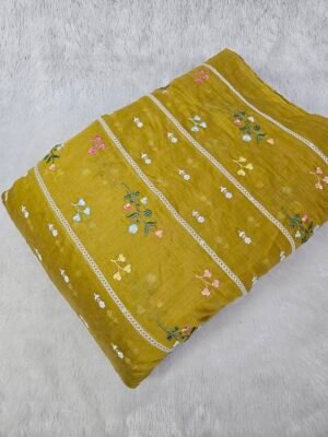 Dusty Mustard Thread Embroidery On Mul Chanderi Fabric