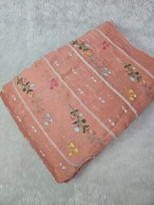 Peach Thread Embroidery On Mul Chanderi Fabric