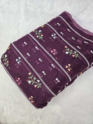 Wine Thread Embroidery On Mul Chanderi Fabric