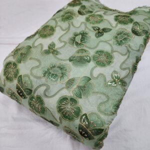 Green Floral Beads Embroidery With Position Print On Zari-shimmer