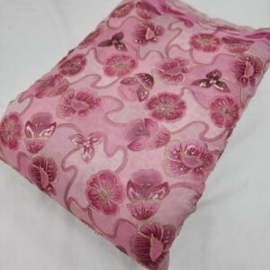 Pink Floral Beads Embroidery With Position Print On Zari Shimmer