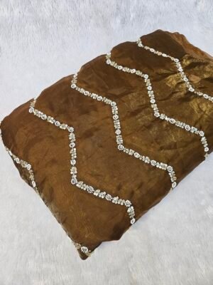 Dark Mustard ZigZag Beads Embroidery On Space Silk Fabric