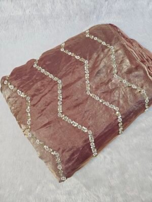 Dark Peach ZigZag Beads Embroidery On Space Silk Fabric