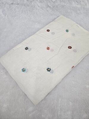 Multi Thread Beads Embroidery Butti On Kora Cotton Fabric