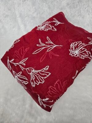 RED WHITE THREAD WORK ALLOVER EMBROIDERY ON MUL CHANDERI FABRIC
