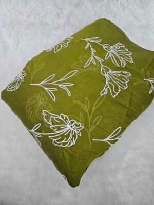 MEHNDI GREEN WHITE THREAD WORK ALLOVER EMBROIDERY ON MUL CHANDERI FABRIC