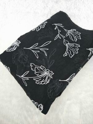 BLACK WHITE THREAD WORK ALLOVER EMBROIDERY ON MUL CHANDERI FABRIC