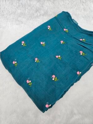 Teal Blue Floral Embroidery On Mul Chanderi Fabric
