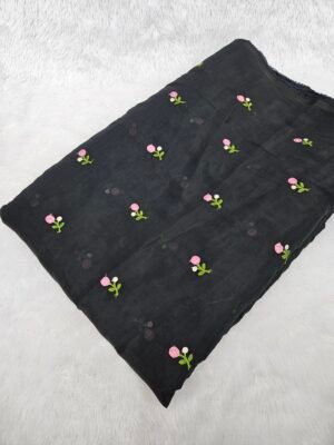 Black Floral Embroidery On Mul Chanderi Fabric