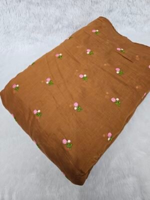 Brown Floral Embroidery On Mul Chanderi Fabric