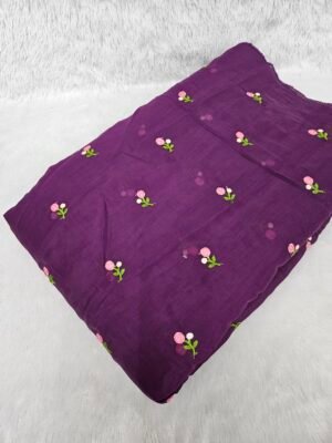 Wine Floral Embroidery On Mul Chanderi Fabric