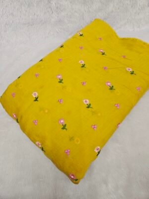 Yellow Flower Thread Embroidery On Mul Chanderi Fabric
