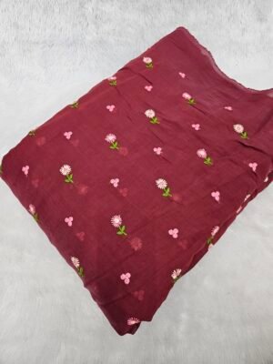 Dark Maroon Flower Thread Embroidery On Mul Chanderi Fabric