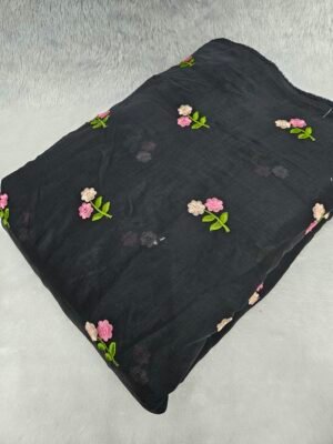 Black Multi-Color Thread Embroidery On Mul Chanderi Fabric