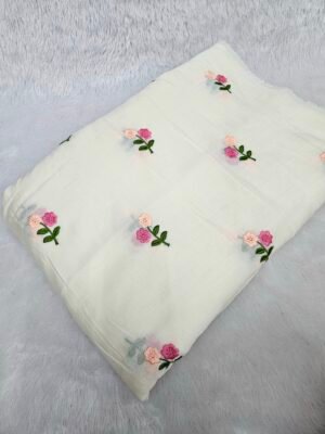 Cream Multi-Color Thread Embroidery On Mul Chanderi Fabric