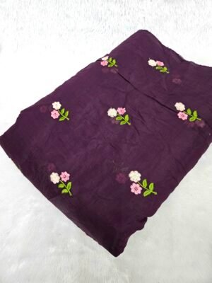 Wine Multi-Color Thread Embroidery On Mul Chanderi Fabric