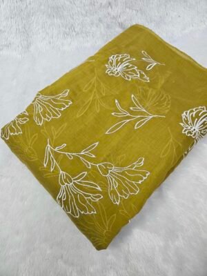 DARK MUSTARD YELLOW WHITE THREAD WORK ALLOVER EMBROIDERY ON MUL CHANDERI FABRIC