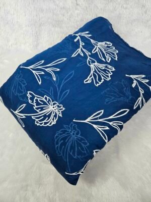 BLUE WHITE THREAD WORK ALLOVER EMBROIDERY ON MUL CHANDERI FABRIC