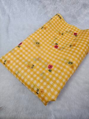 Yellow Check & Floral Print On Mul Chanderi Fabric