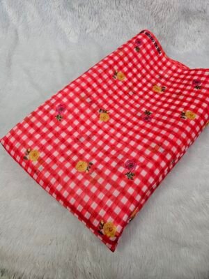 Red Check & Floral Print On Mul Chanderi Fabric
