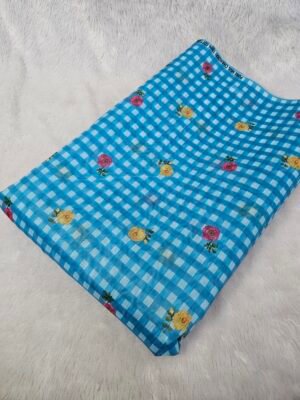 Blue Check & Floral Print On Mul Chanderi Fabric