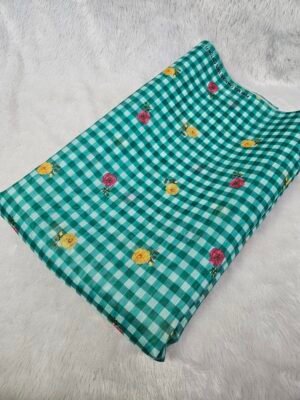 Sea Green Check & Floral Print On Mul Chanderi Fabric