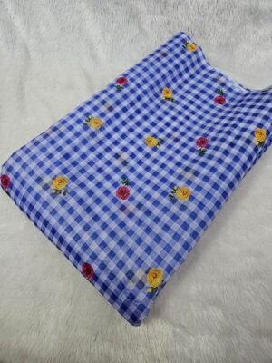 Purple Check & Floral Print On Mul Chanderi Fabric