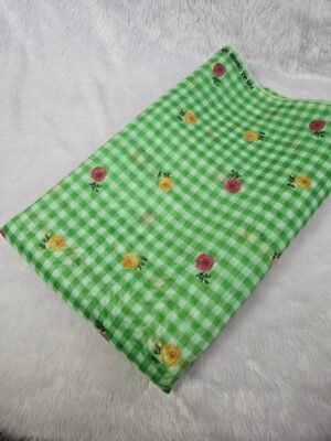 Parrot Green Check & Floral Print On Mul Chanderi Fabric