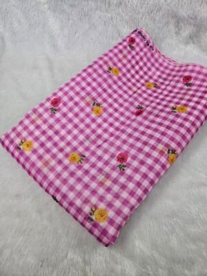 Onion Check & Floral Print On Mul Chanderi Fabric