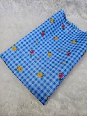 Blue Check & Floral Print On  Mul Chanderi Fabric