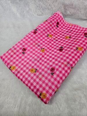 Pink Check & Floral Print On Mul Chanderi Fabric