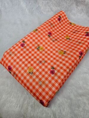 Orange Check & Floral Print On Mul Chanderi Fabric