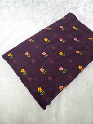 Wine Multi-Color Thread Embroidery On Mul Chanderi Fabric