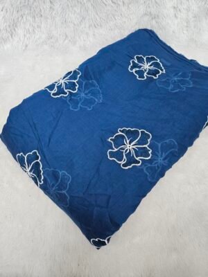 Dark Blue Thread Embroidery On Mul Chanderi Fabric
