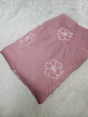 Pink Thread Embroidery On Mul Chanderi Fabric