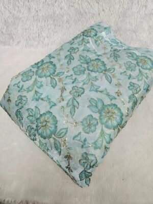 Sea Green Floral Sequins Beads Position Print On Jimmy Choo Fabric
