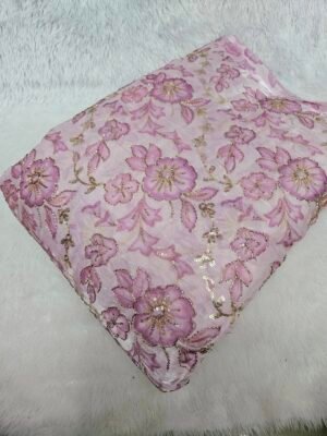 Pink Floral Sequins Beads Position Print On Jimmy Choo Fabric