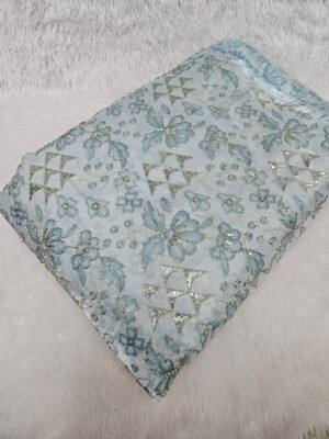 Sea Blue Floral Sequins Beads Position Print On Jimmy Choo Fabric