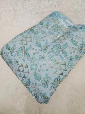 Blue Floral Sequins Beads Position Print On Jimmy Choo Fabric