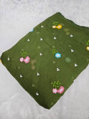 Green Multi-Color Thread Embroidery On Mul Chanderi Fabric