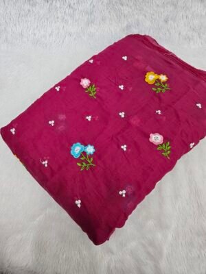Pink Multi-Color Thread Embroidery On Mul Chanderi Fabric