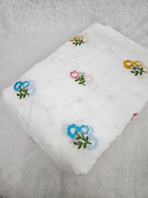 White Multi-Color Thread Embroidery On Mul Chanderi Fabric