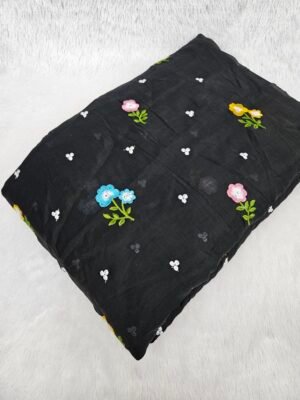 Black Multi-Color Thread Embroidery On Mul Chanderi Fabric