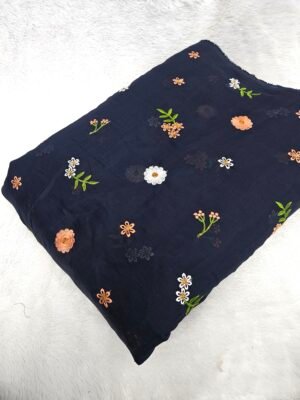 Blue Multi-Color Thread Embroidery On Mul Chanderi Fabric