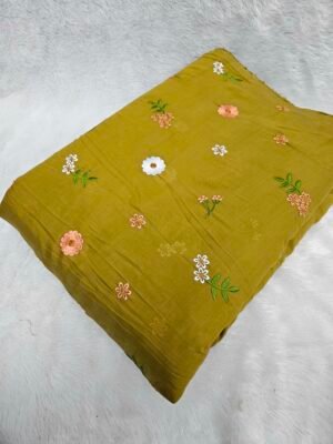 Mustard Multi-Color Thread Embroidery On Mul Chanderi Fabric