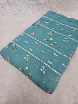 Dusty Blue Thread Embroidery On Mul Chanderi Fabric