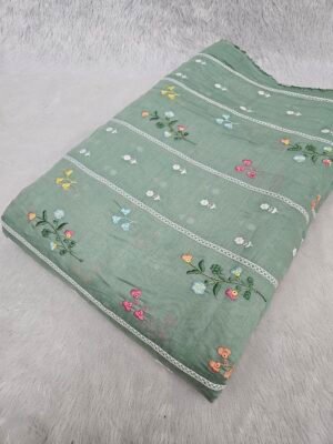 Light Dusty Mint Green Thread Embroidery On Mul Chanderi Fabric