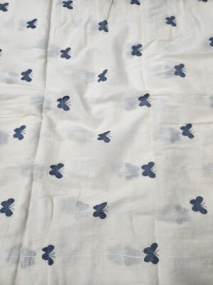 Grey Butterfly Threadwork Embroidery On Dyeable Kora Mul Cotton Fabric