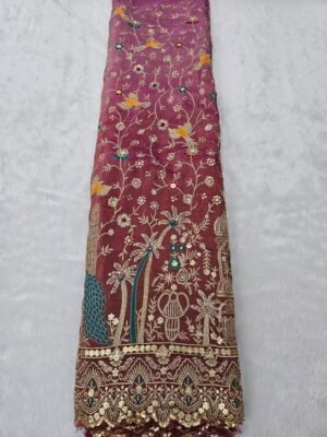 Red Ombre Multi Thread & Heavy Sequins And Jari Embroidery On Viscose Shimmer Fabric