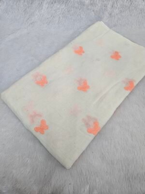 Peach Butterfly Threadwork Embroidery On Dyeable Kora Mul Cotton Fabric